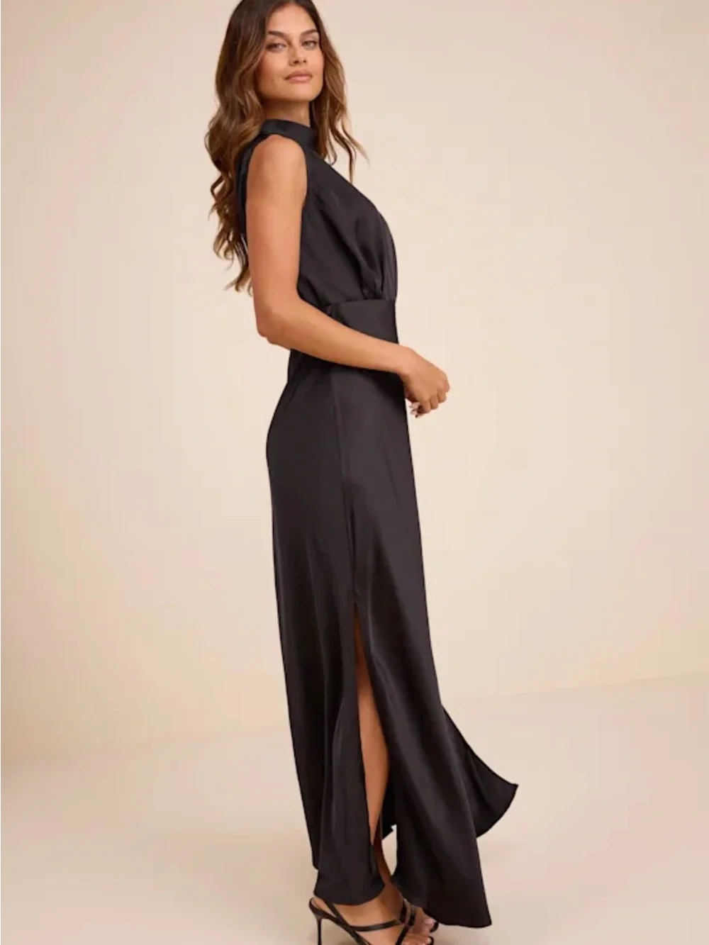 Lulus Ada Satin Maxi Dress Women Formal Minimalist Preppy Large Black - Picture 3 of 13
